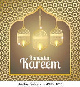 Ramadan Kareem greeting card / Vector template greeting card with intricate arabic lamp on shiny abstract background?
