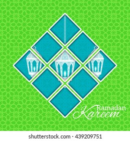 Ramadan Kareem greeting card / Vector template greeting card with intricate arabic lamp on shiny abstract background?
