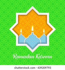 Ramadan Kareem greeting card / Vector template greeting card with intricate oil lamp on shiny abstract background.
