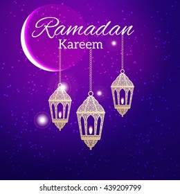Ramadan Kareem greeting card / Vector template greeting card with intricate arabic lamp on shiny abstract background?

