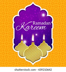 Ramadan Kareem greeting card / Vector template greeting card with intricate oil lamp on shiny abstract background.
