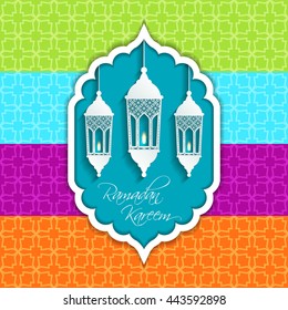 Ramadan Kareem greeting card / Vector template greeting card with intricate arabic lamp on shiny abstract background.