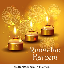 Ramadan Kareem greeting card / Vector template greeting card with intricate oil lamp on shiny abstract background.