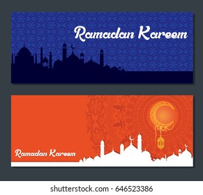 Ramadan Kareem greeting card / Vector Illustration template greeting card with intricate arabic lamp on abstract background and muslim city Silhouette.