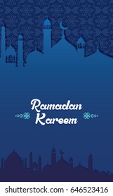 Ramadan Kareem greeting card / Vector Illustration template greeting card with abstract background and muslim city Silhouette.