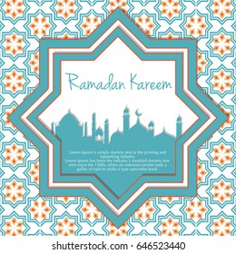 Ramadan Kareem greeting card / Vector Illustration template greeting card with abstract background and muslim city Silhouette.