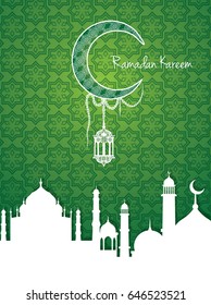 Ramadan Kareem greeting card / Vector Illustration template greeting card with intricate arabic lamp on abstract background with moon