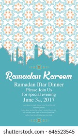 Ramadan Kareem greeting card / Vector Illustration template greeting card with abstract background and muslim city Silhouette.