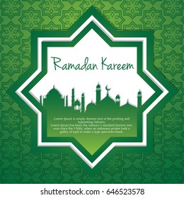 Ramadan Kareem greeting card / Vector Illustration template greeting card with abstract background and muslim city Silhouette.