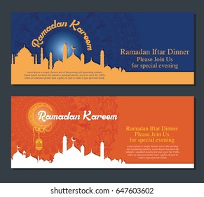 Ramadan Kareem greeting card / Vector Illustration template greeting card with abstract background and muslim city Silhouette.