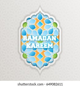 Ramadan Kareem greeting card. Vector template greeting card with Arabic Islamic pattern arch frame