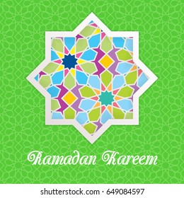 Ramadan Kareem greeting card. Vector template greeting card with Arabic Islamic pattern arch frame