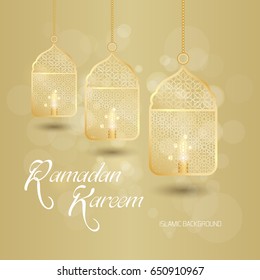 Ramadan Kareem greeting card. Vector template greeting card with intricate Arabic lamp on shiny abstract background.Vector Illustration for greeting card, poster and banner.