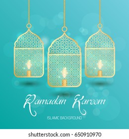 Ramadan Kareem greeting card. Vector template greeting card with intricate Arabic lamp on shiny abstract background.Vector Illustration for greeting card, poster and banner.