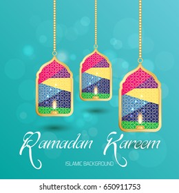 Ramadan Kareem greeting card. Vector template greeting card with intricate Arabic lamp on shiny abstract background.Vector Illustration for greeting card, poster and banner.
