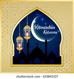 Ramadan Kareem greeting card. Vector template greeting card with intricate Arabic lamp on shiny abstract background.Vector Illustration for greeting card, poster and banner.