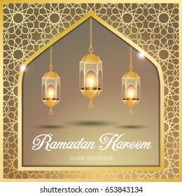 Ramadan Kareem greeting card. Vector template greeting card with intricate Arabic lamp on shiny abstract background.Vector Illustration for greeting card, poster and banner.