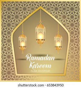 Ramadan Kareem greeting card. Vector template greeting card with intricate Arabic lamp on shiny abstract background.Vector Illustration for greeting card, poster and banner.