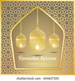 Ramadan Kareem greeting card. Vector template greeting card with intricate Arabic lamp on shiny abstract background.Vector Illustration for greeting card, poster and banner.