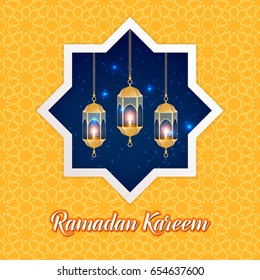 Ramadan Kareem greeting card. Vector template greeting card with intricate Arabic lamp on shiny abstract background.Vector Illustration for greeting card, poster and banner.