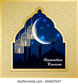 Ramadan Kareem greeting card. Vector template greeting card with intricate Arabic lamp on shiny abstract background.Vector Illustration for greeting card, poster and banner.