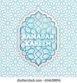 Ramadan Kareem greeting card. Vector template greeting card with Arabic Islamic pattern arch frame.