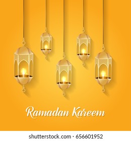 Ramadan Kareem greeting card. Vector template greeting card with intricate Arabic lamp on shiny abstract background.Vector Illustration for greeting card, poster and banner.
