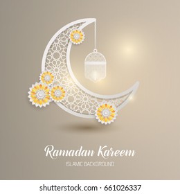 Ramadan Kareem greeting card. Vector template greeting card with intricate Arabic Moon and intricate Arabic lamp.