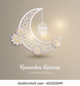 Ramadan Kareem greeting card. Vector template greeting card with intricate Arabic Moon and intricate Arabic lamp.