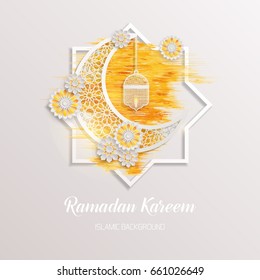 Ramadan Kareem greeting card. Vector template greeting card with intricate Arabic Moon and intricate Arabic lamp.