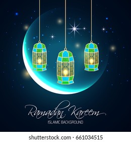 Ramadan Kareem greeting card. Vector template greeting card with intricate Arabic lamp on shiny abstract background.Vector Illustration for greeting card, poster and banner.