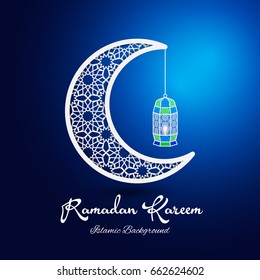 Ramadan Kareem greeting card. Vector template greeting card with intricate Arabic Moon