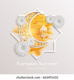 Ramadan Kareem greeting card. Vector template greeting card with intricate Arabic Moon and intricate Arabic lamp.