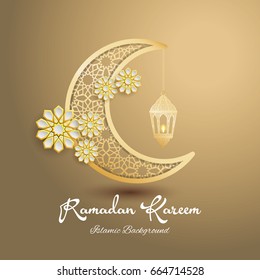 Ramadan Kareem greeting card. Vector template greeting card with intricate Arabic Moon and intricate Arabic lamp.