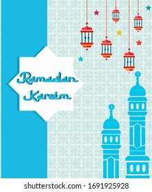 Tarjeta de felicitación Ramadan Kareem vector.plano ilustración de diseño. Decoración y decoración islámicas.