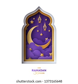 Ramadan Kareem greeting card. Violet paper cut clouds on night sky with crescent and stars. Window silhouette isolated on white background with gold arabian traditional lanterns. Vector illustration.