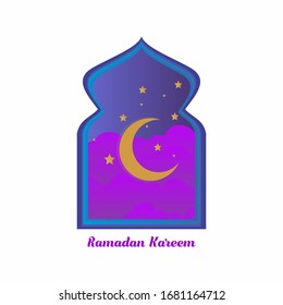 Ramadan Kareem greeting card. Violet paper cut clouds on night sky with crescent and stars. Window silhouette isolated on w arabian traditional lanterns. Vector illustration.