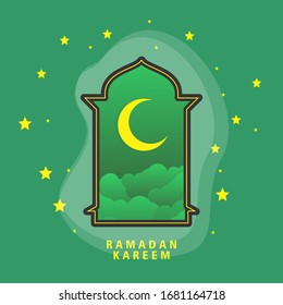 Ramadan Kareem greeting card. Violet paper cut clouds on night sky with crescent and stars. Window silhouette isolated on w arabian traditional lanterns. Vector illustration.