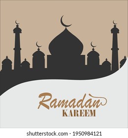 Ramadan Kareem Greeting Card which translates to mean welcome to a generous and holy month. Fasting month for Muslims. Arabic calligraphy and mosque silhouette for ramadan in arabic type