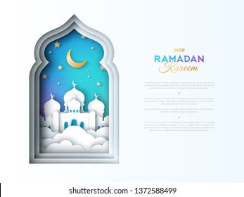 Ramadan Kareem greeting card. White paper cut mosque view in clouds. Window silhouette with arabian geometric pattern. Vector illustration.