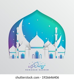 Ramadan Kareem greeting card. White paper cut mosque view. Window silhouette with arabian geometric pattern. Vector illustration.