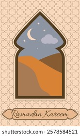 Ramadan Kareem greeting card. Window and arche with moon, desert.