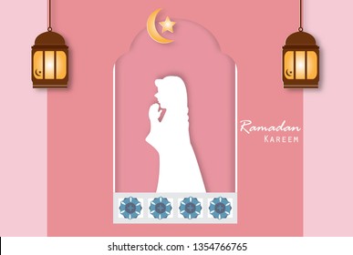 Ramadan Kareem greeting card,muslim woman praying in a mosque with Ramadan lantern and moon,vector illustration paper art style.