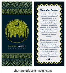 Ramadan Kareem  greeting cards or banners with night landscape, mosques and moon. Background is decorated with arabic pattern.