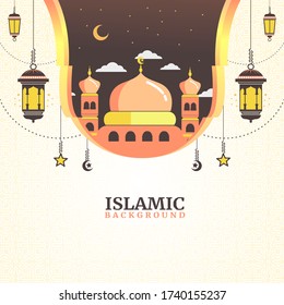 Ramadan kareem greeting cards designed with mosque vectors are also juxtaposed with Islamic-themed lantern decorations