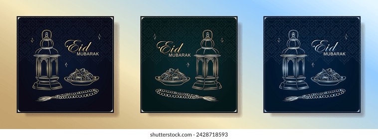 Ramadan Kareem greeting cards with hand drawn linear golden and silver Arabic lantern, Muslim rosary praying beads and dates in a bowl as a dish for Iftar. Dark green and blue posters for Eid Mubarak