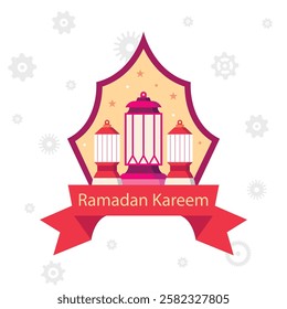 Ramadan Kareem greeting cards illustration design vector template. Ramadan Mubarak modern cards with retro boho style design, Islamic frame, crescent, mosque, moon and desert.