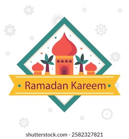 Ramadan Kareem greeting cards illustration design vector template. Ramadan Mubarak modern cards with retro boho style design, Islamic frame, crescent, mosque, moon and desert.