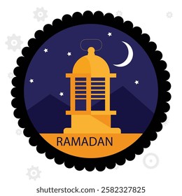 Ramadan Kareem greeting cards illustration design vector template. Ramadan Mubarak modern cards with retro boho style design, Islamic frame, crescent, mosque, moon and desert.