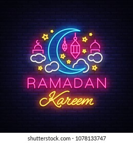 Ramadan Kareem greeting cards, neon sign. Design template, light banner, night neon advert. Ramadan Kareem - Glorious month of Muslim year. Vector illustration